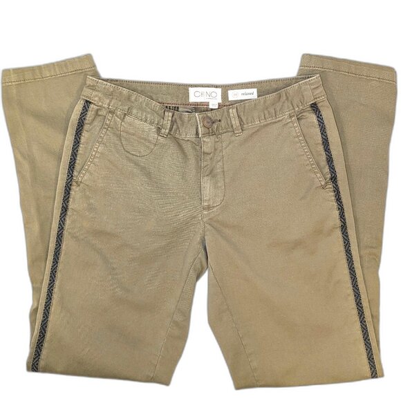 Anthropologie | Olive Green Relaxed Chino Navy Geo Tuxedo Stripe Pants | 26 - Picture 11 of 16